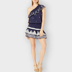 Joie Kolda Mini Dress One Shoulder Embroidered Navy Cotton Spring Size Medium